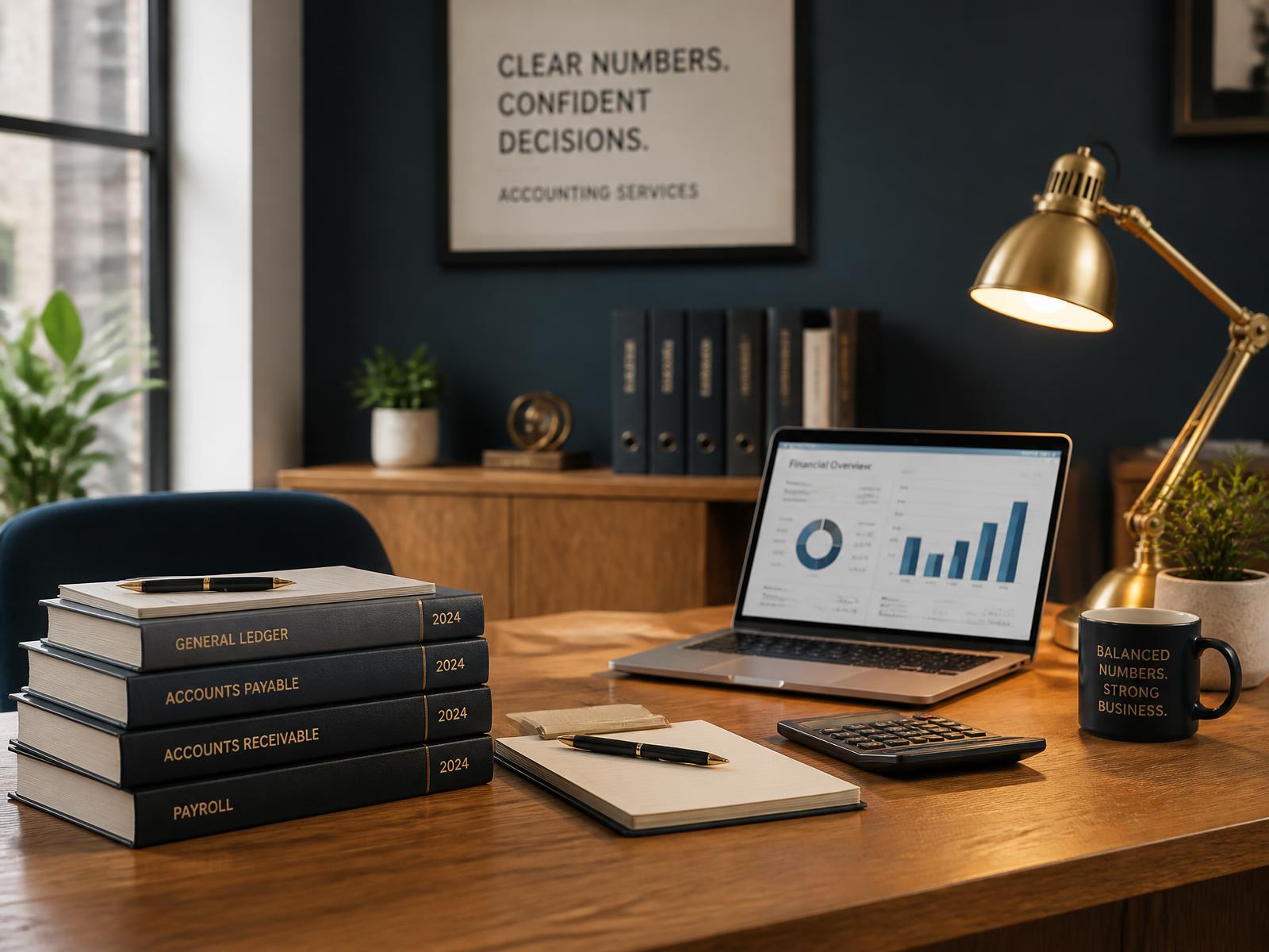 A tidy desk with a ledger, laptop and neatly organised paperwork